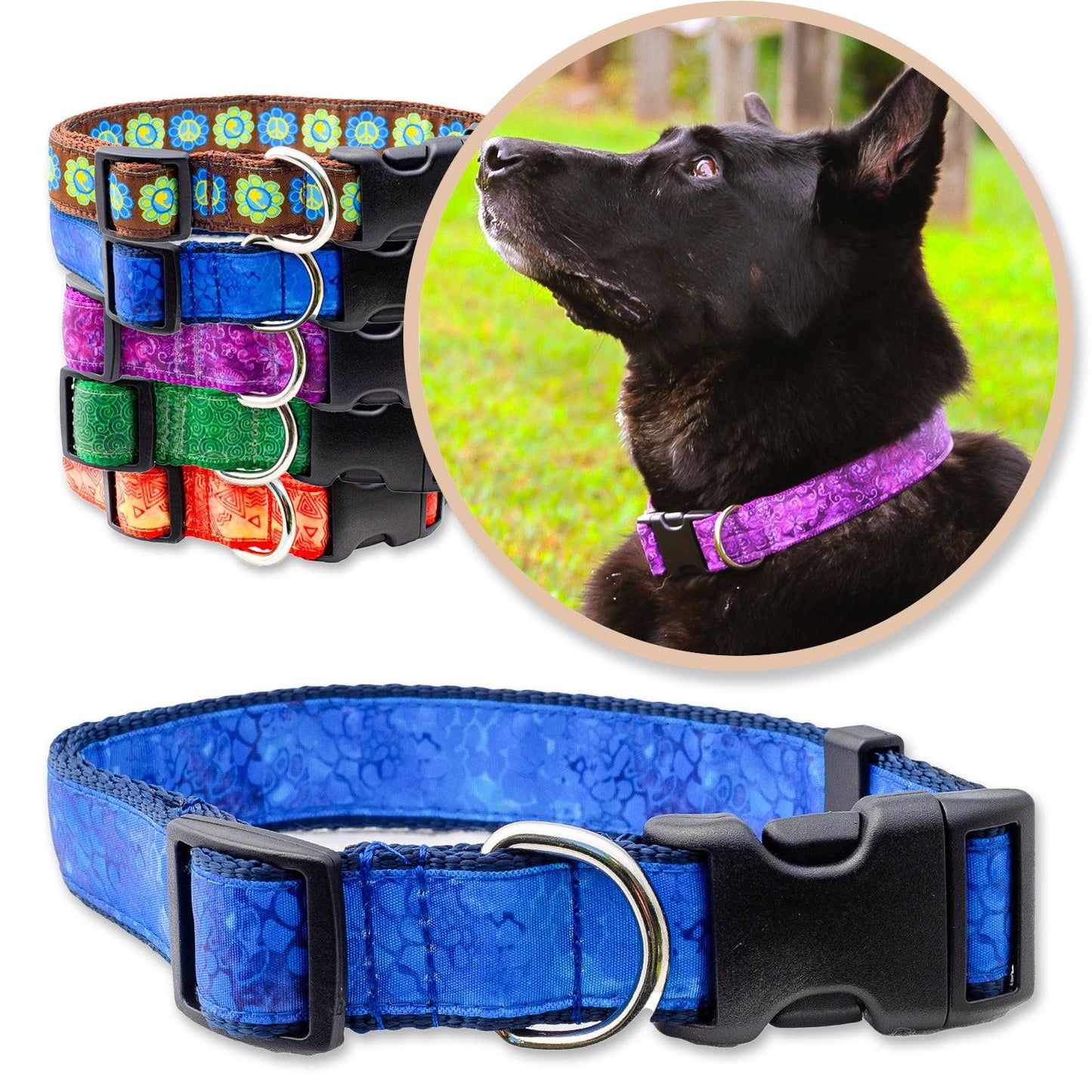 Blue Batik Inspired Dog Collars shown with a variety of colors shown with a black dog wearing a purple collar