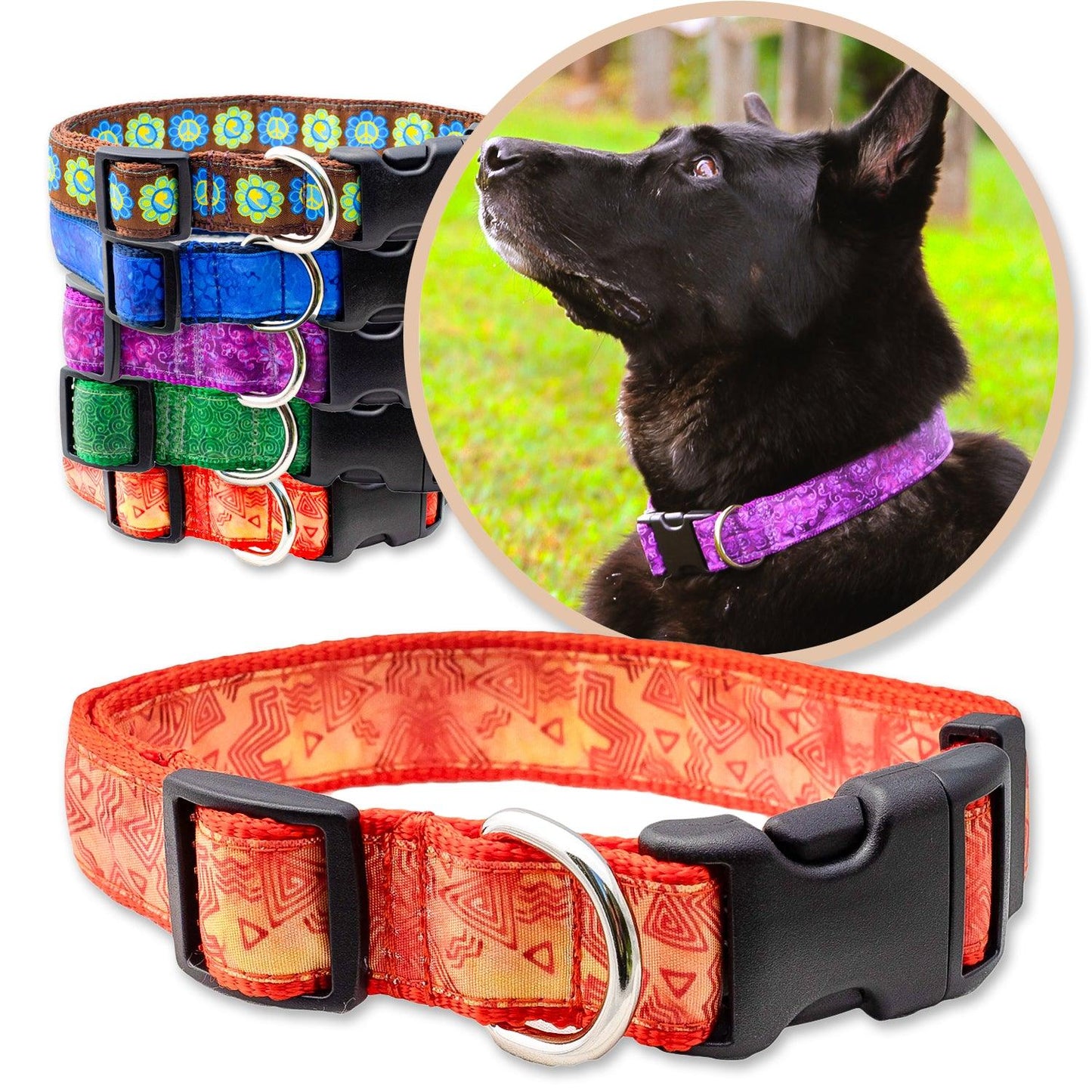 Orange Batik Inspired Dog Collars shown with a variety of colors shown with a black dog wearing a purple collar