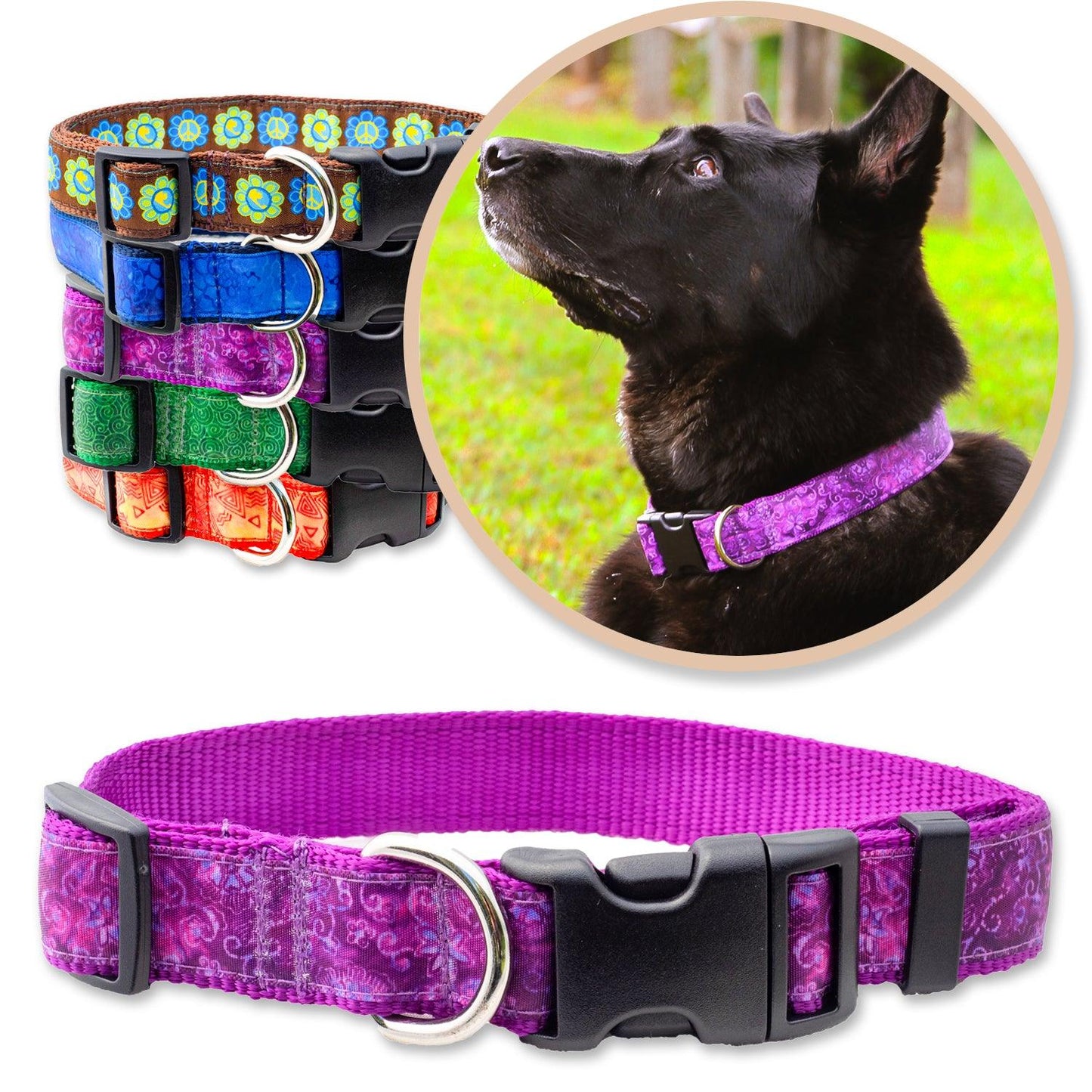 Purple Batik Inspired Dog Collars shown with a variety of colors shown with a black dog wearing a purple collar