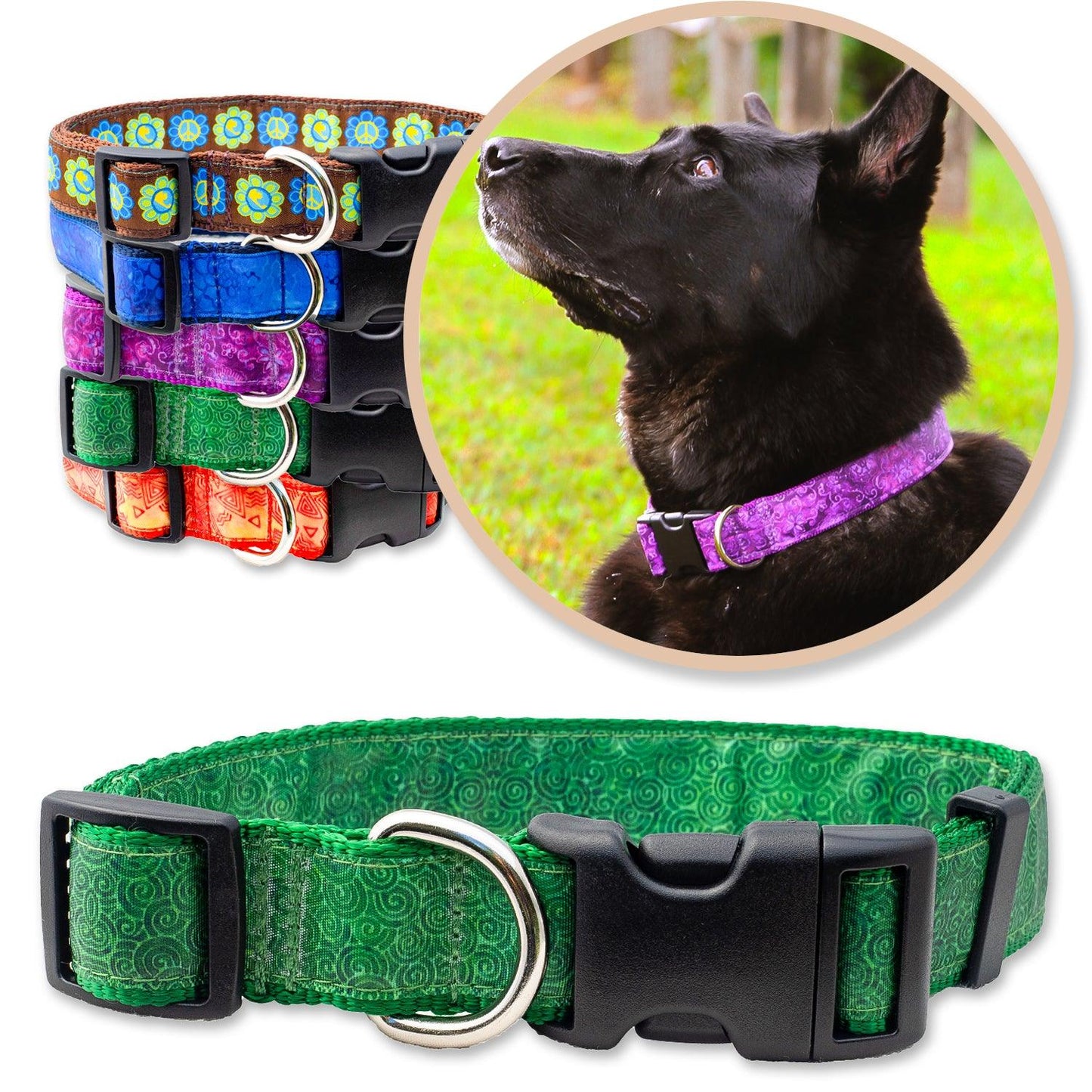 Green Batik Inspired Dog Collars shown with a variety of colors shown with a black dog wearing a purple collar