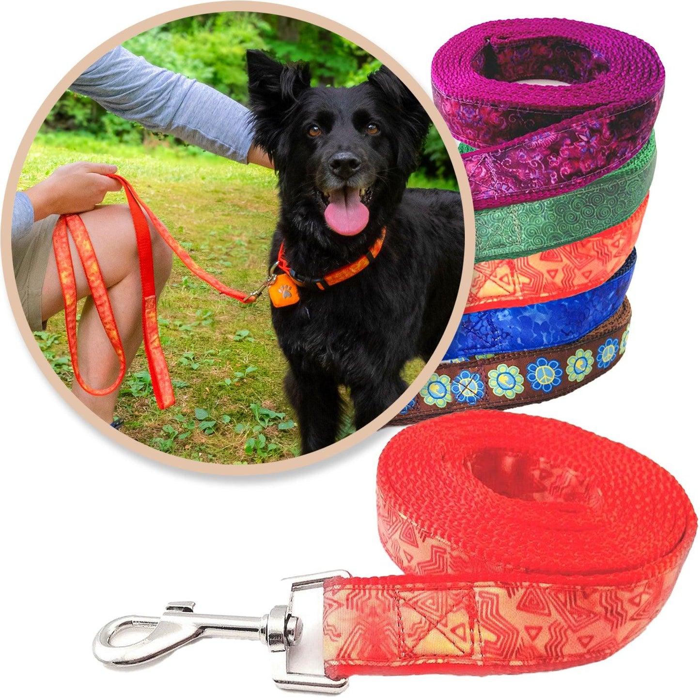 Orange Batik Inspired Dog Leashes shown with a variety of colors
