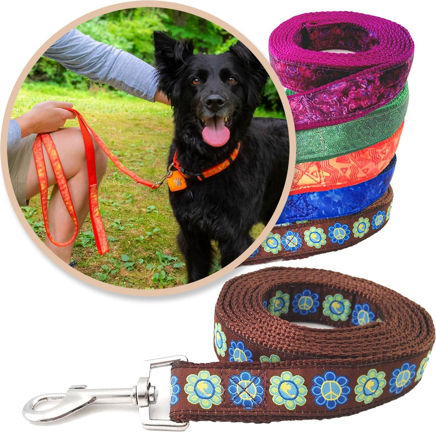 Brown Batik Inspired Dog Leashes shown with a variety of colors