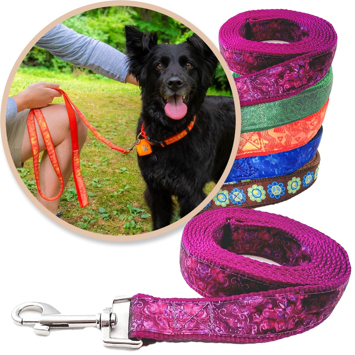 Purple Batik Inspired Dog Leashes shown with a variety of colors