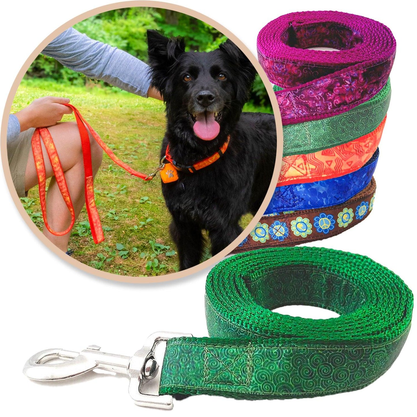 Green Batik Inspired Dog Leashes shown with a variety of colors