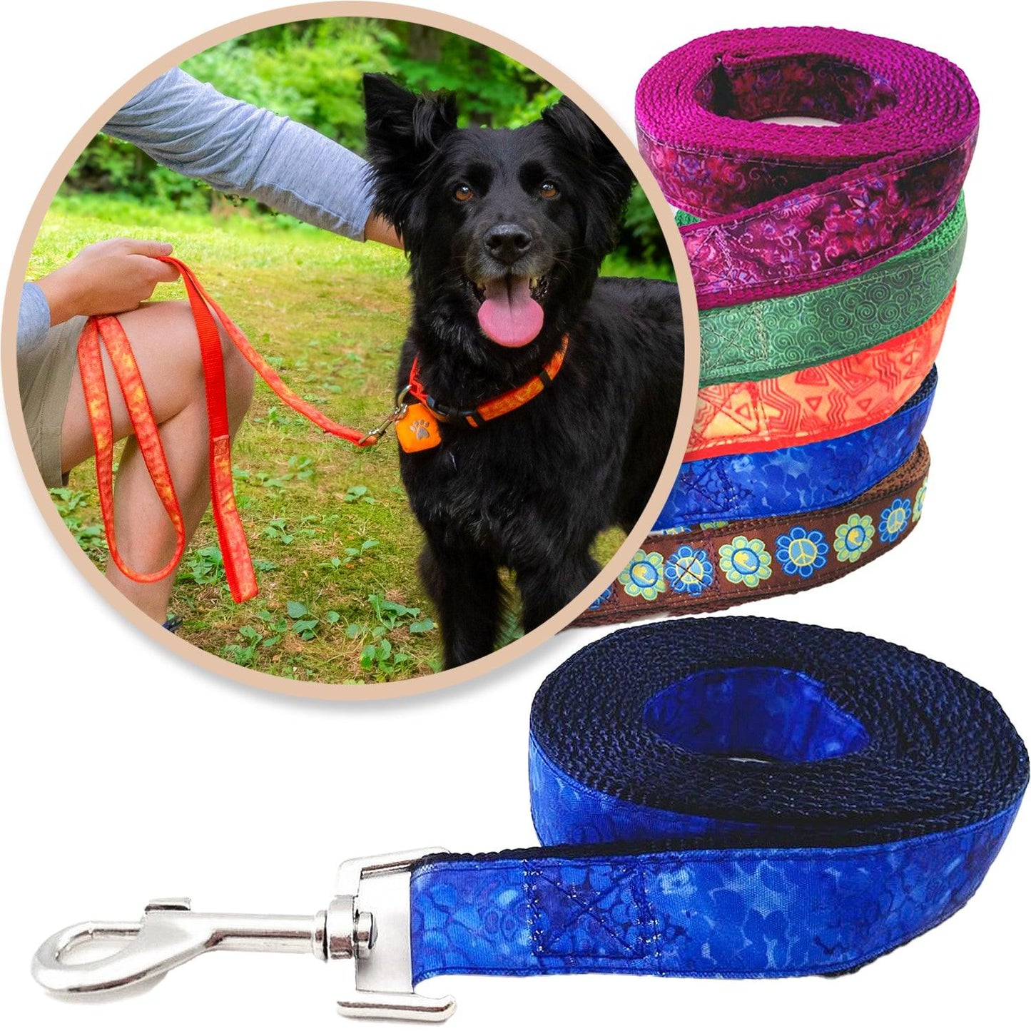 Blue Batik Inspired Dog Leashes shown with a variety of colors