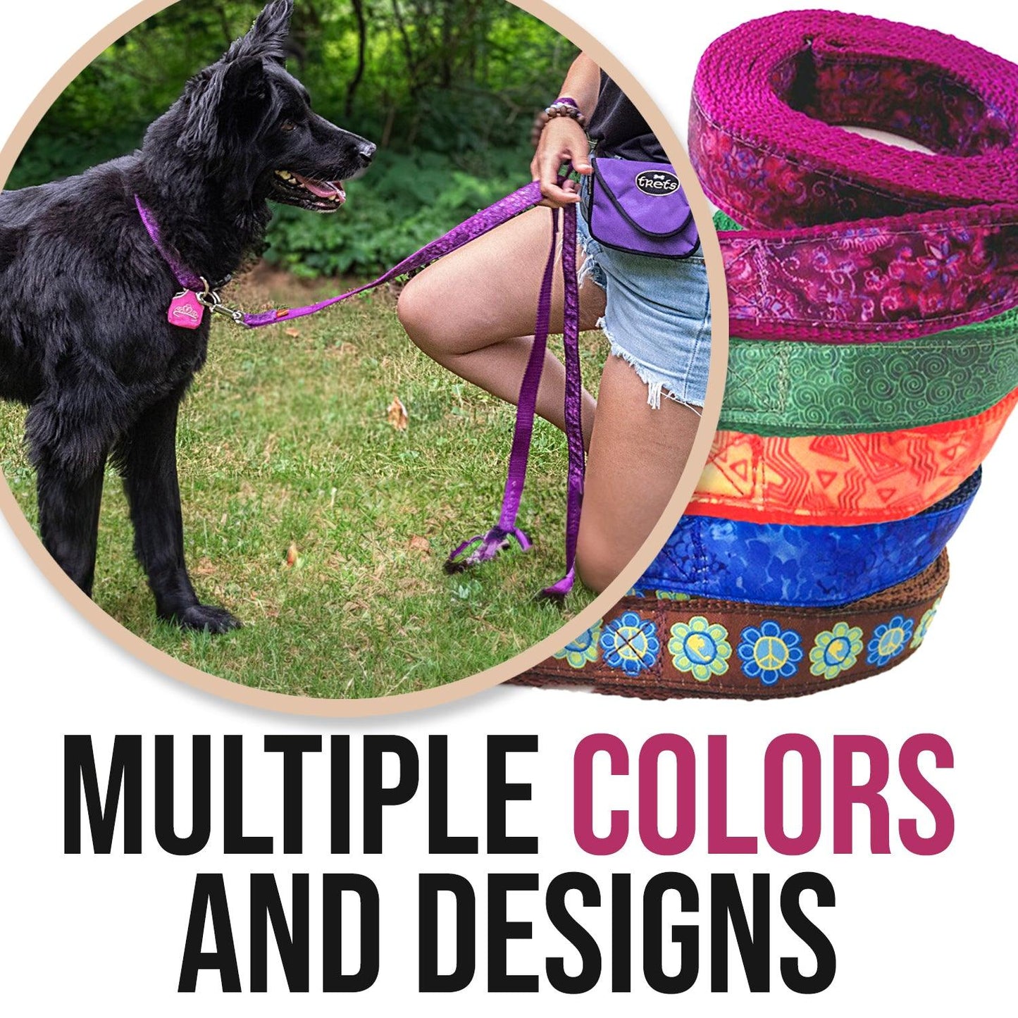 Batik Inspired leashes in a variety of colors, shown with a black dog