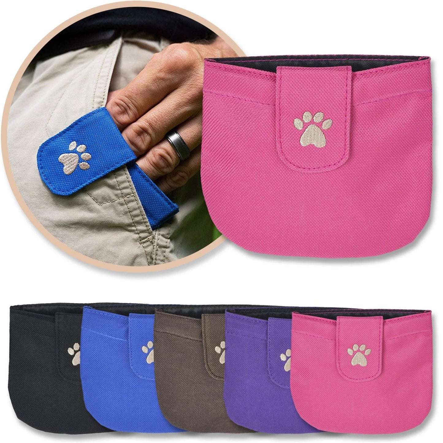 Pink Dog Pocket Treat Pouch shown with a variety of colors with a man's hand inside a blue pocket pouch