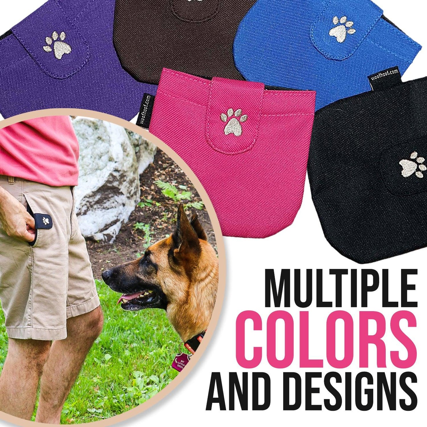 Several Dog Pocket Treat Pouches shown in brown, blue, pink, black, and purple