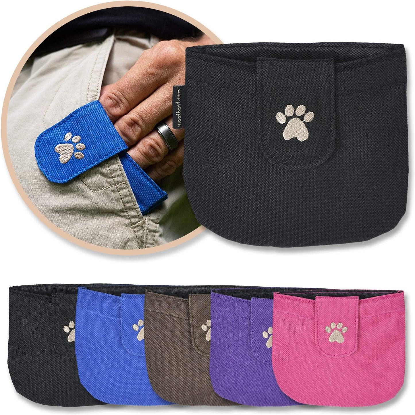 Black Dog Pocket Treat Pouch shown with a variety of colors with a man's hand inside a blue pocket pouch