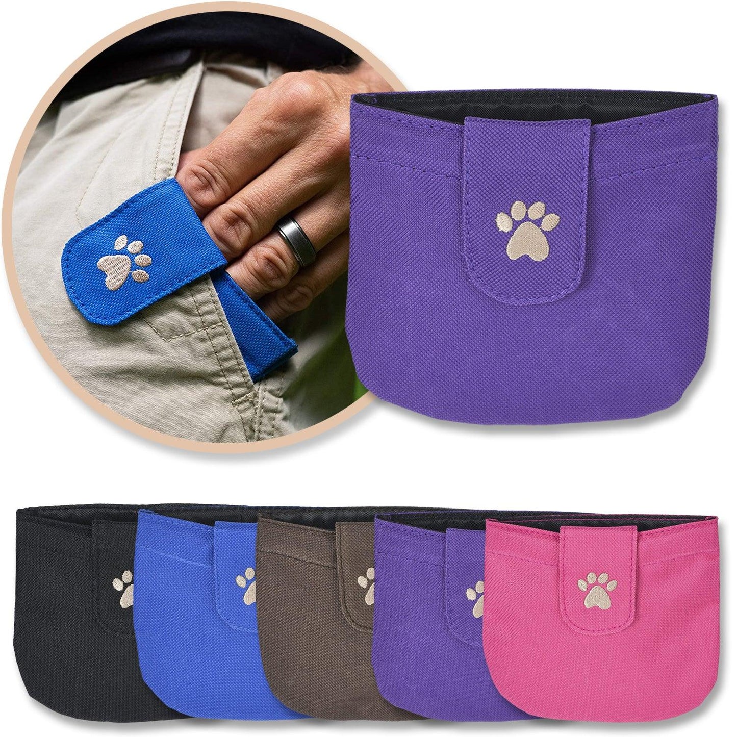 Purple Dog Pocket Treat Pouch shown with a variety of colors with a man's hand inside a blue pocket pouch