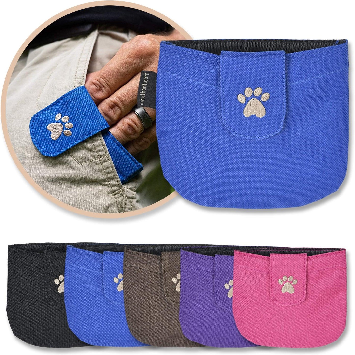 Blue Dog Pocket Treat Pouch shown with a variety of colors with a man's hand inside a blue pocket pouch