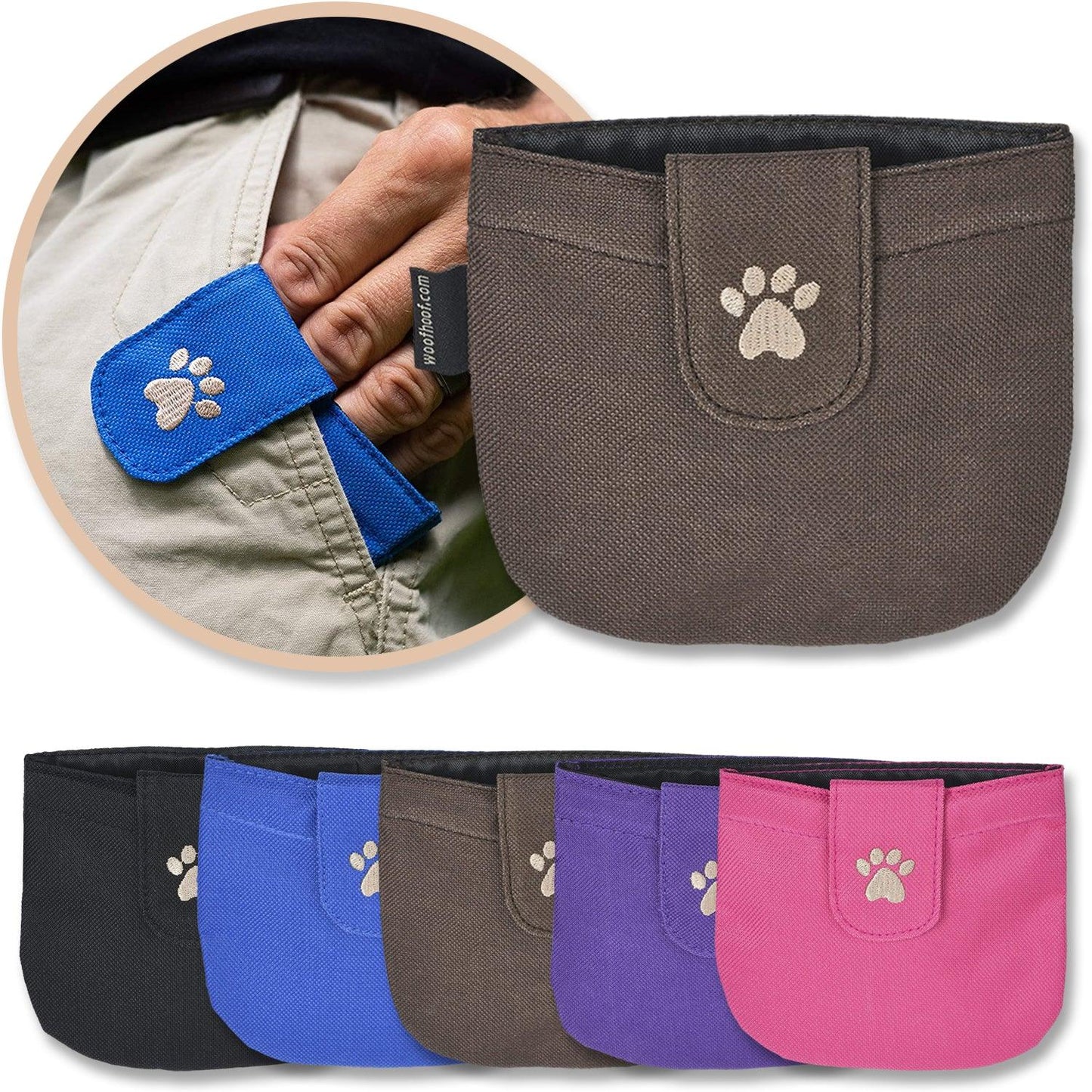 Brown Dog Pocket Treat Pouch shown with a variety of colors with a man's hand inside a blue pocket pouch
