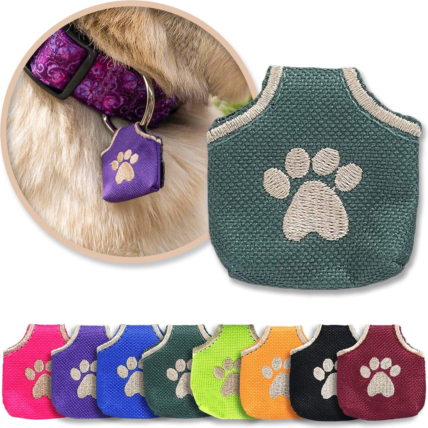 Green Dog Tag Silencer shown with a variety of colors and with a brown dog