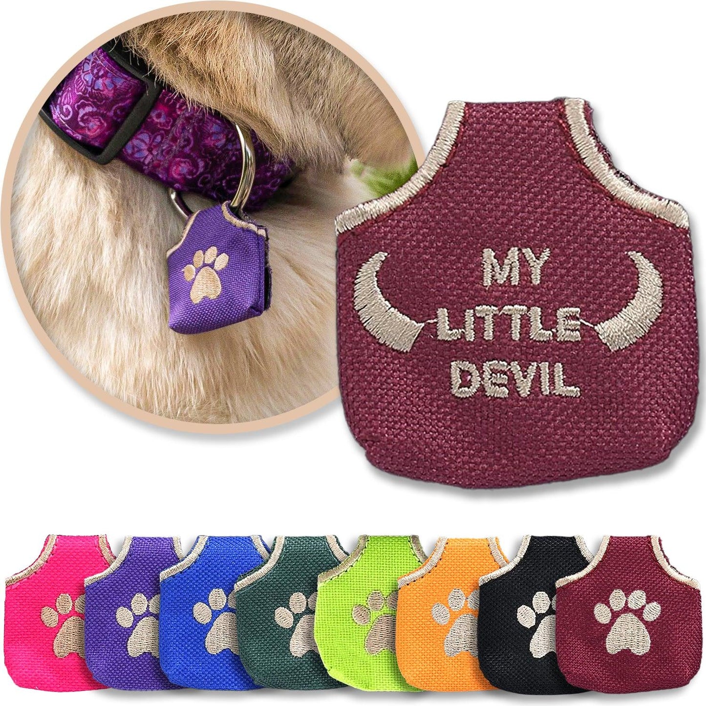 Burgundy Dog Tag Silencer shown with a variety of colors and with a brown dog