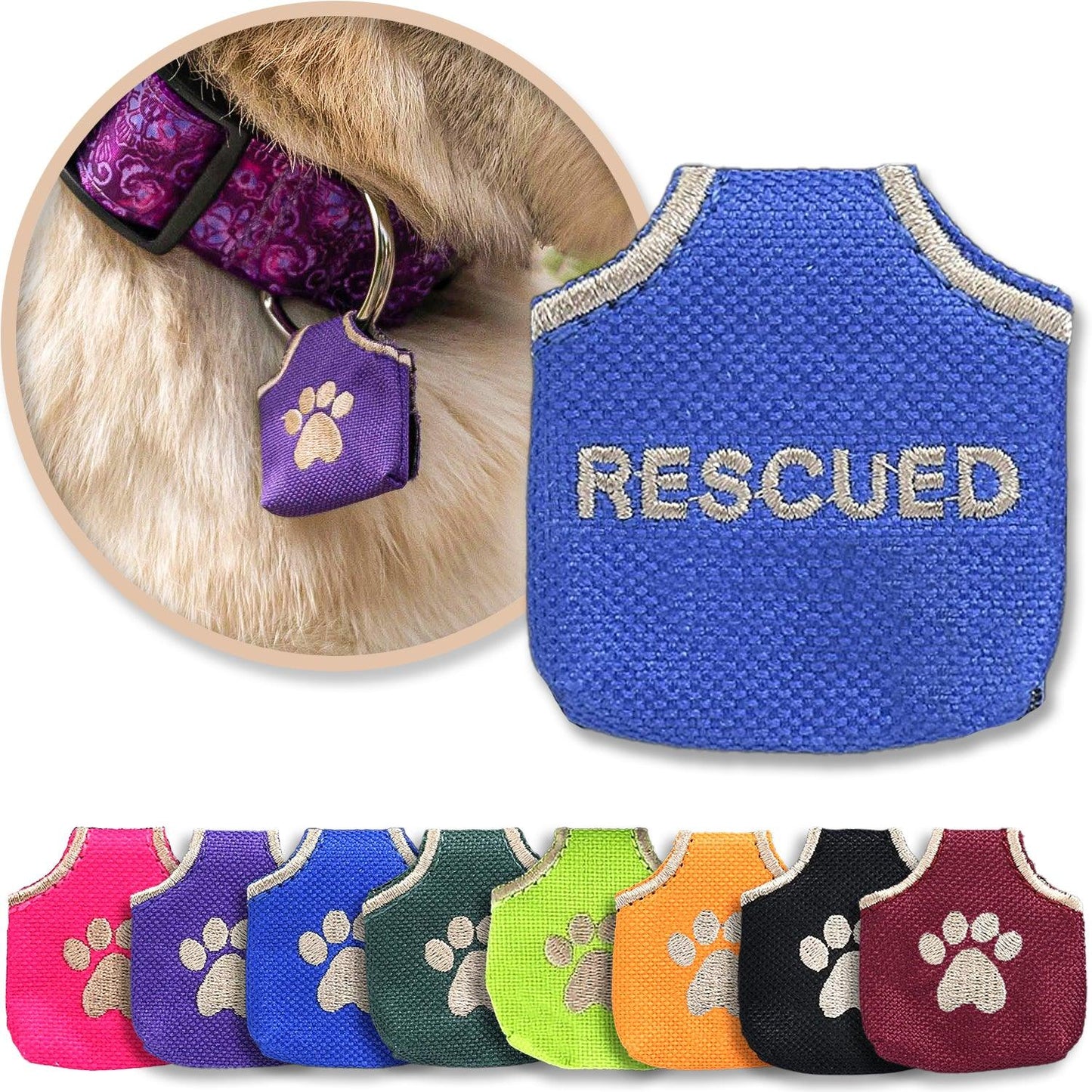 Blue Dog Tag Silencer shown with a variety of colors and with a brown dog