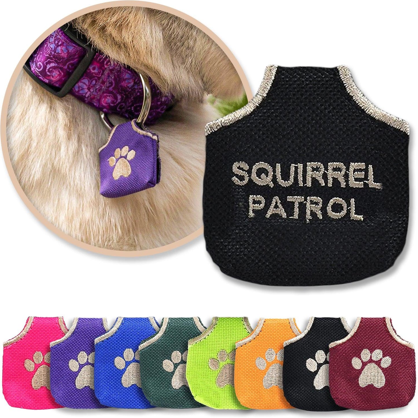 Black Dog Tag Silencer shown with a variety of colors and with a brown dog