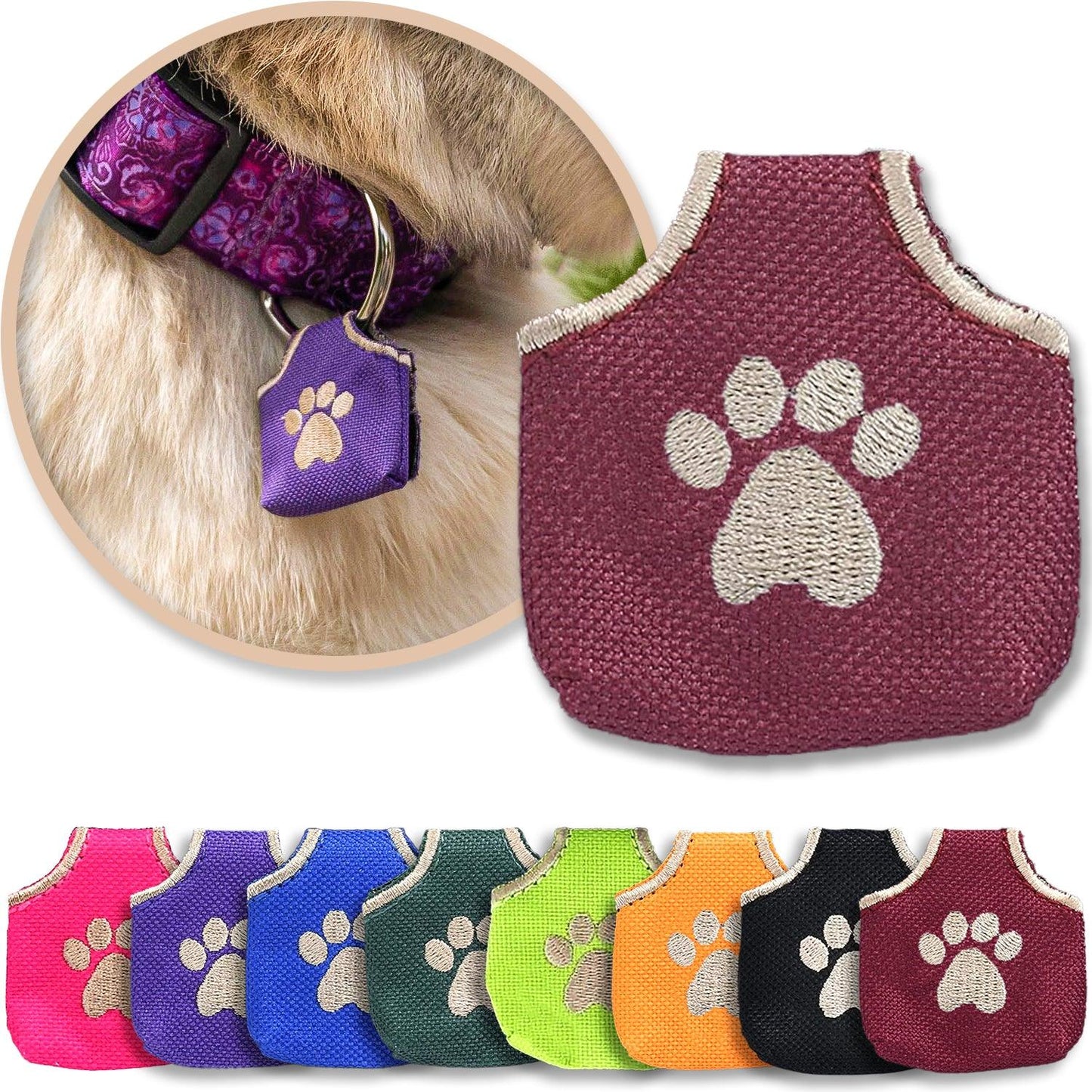 Burgundy Dog Tag Silencer shown with a variety of colors and with a brown dog