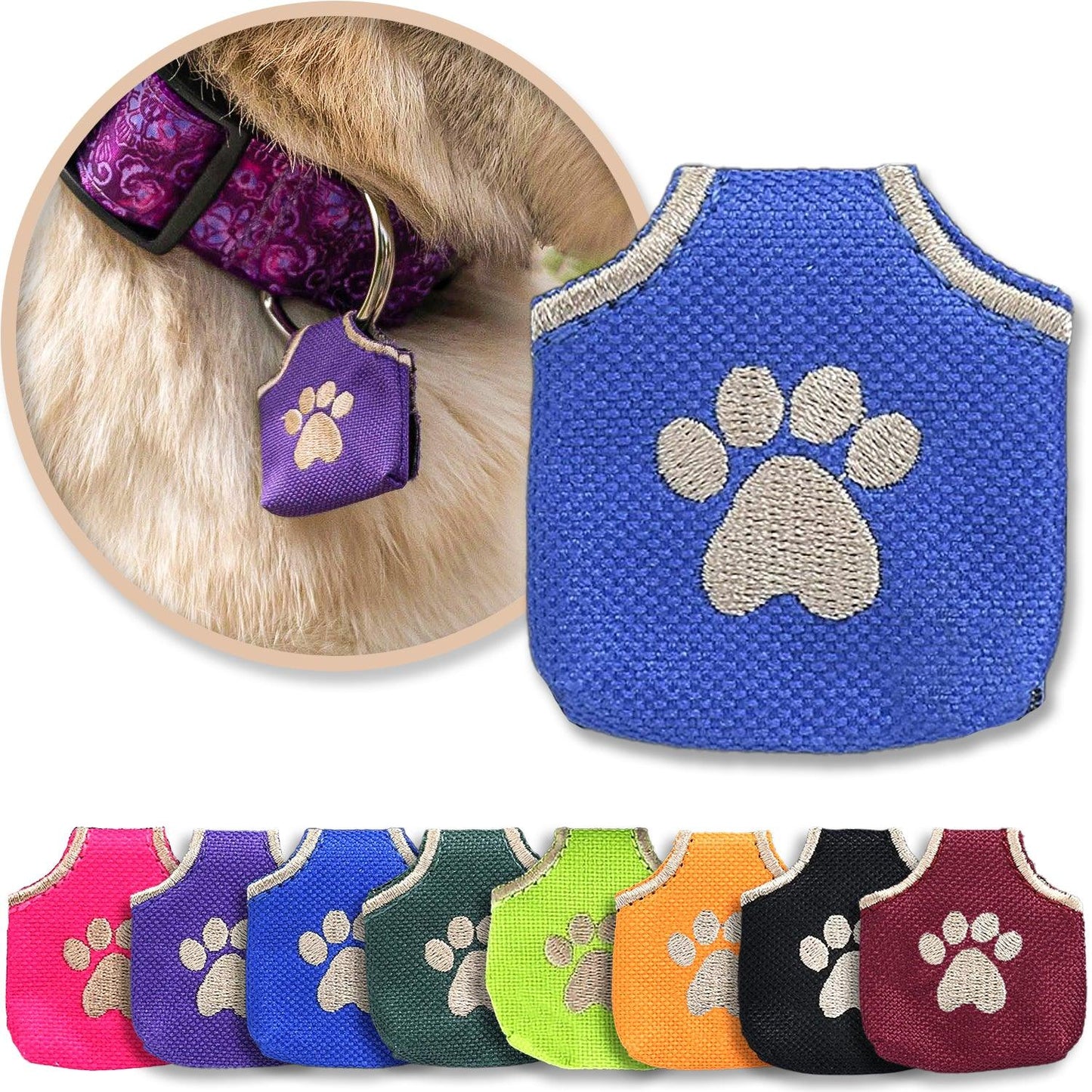 Blue Dog Tag Silencer shown with a variety of colors and with a brown dog