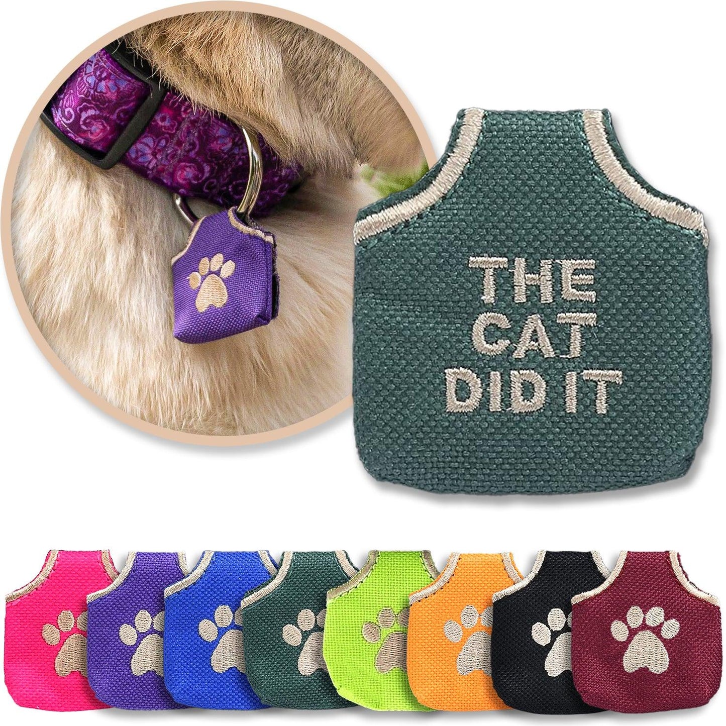 Green Dog Tag Silencer shown with a variety of colors and with a brown dog
