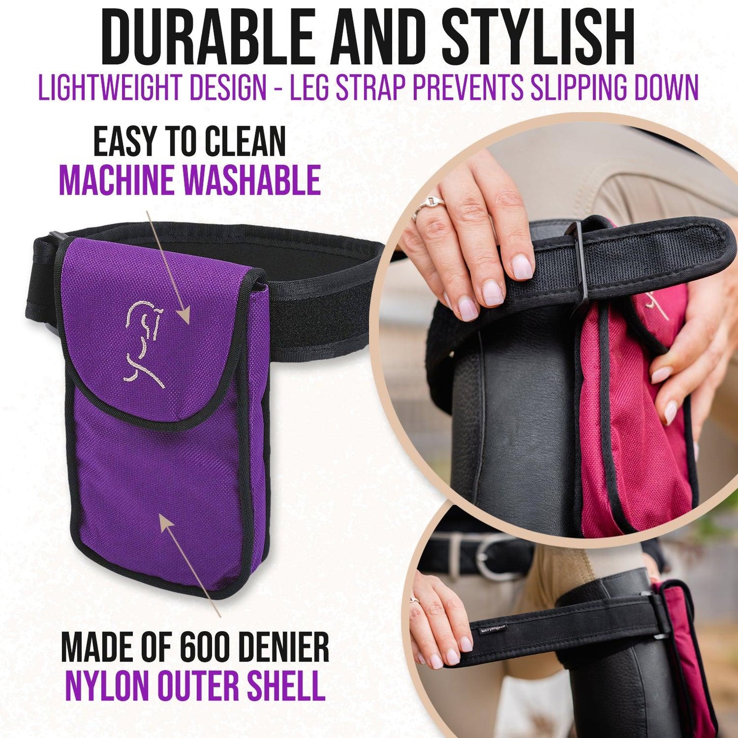 Purple equestrian cell holder case shown with a woman demonstrating the product