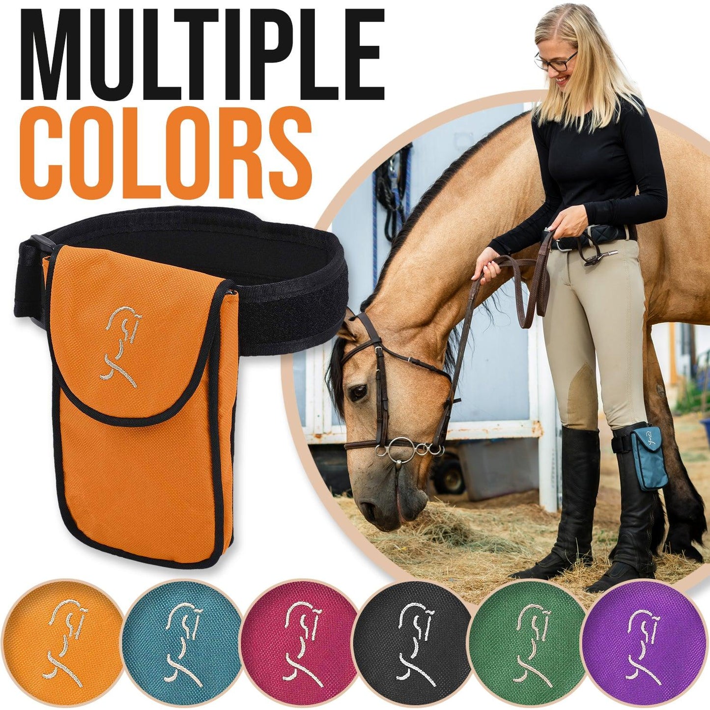 Orange equestrian cell holder shown with with woman and a tan horse