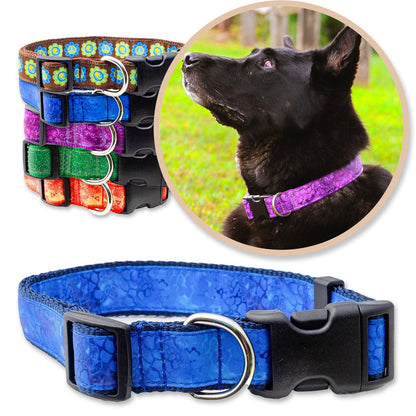 Blue Batik Inspired Dog Collars shown with a variety of colors shown with a black dog wearing a purple collar