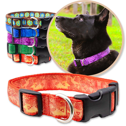 Orange Batik Inspired Dog Collars shown with a variety of colors shown with a black dog wearing a purple collar