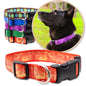Orange Batik Inspired Dog Collars shown with a variety of colors shown with a black dog wearing a purple collar