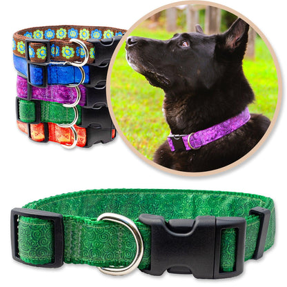 Green Batik Inspired Dog Collars shown with a variety of colors shown with a black dog wearing a purple collar