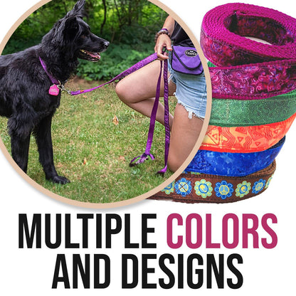 Batik Inspired leashes in a variety of colors, shown with a black dog