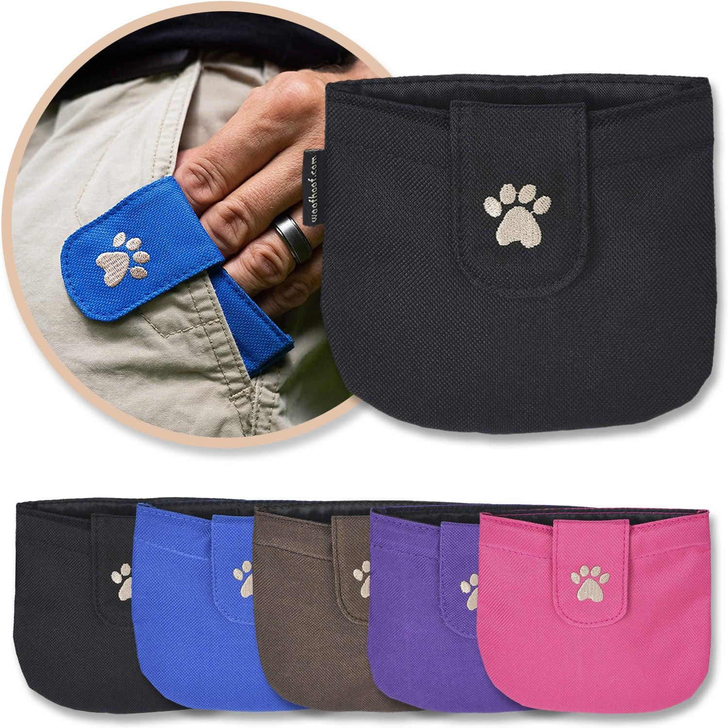 Black Dog Pocket Treat Pouch shown with a variety of colors with a man's hand inside a blue pocket pouch