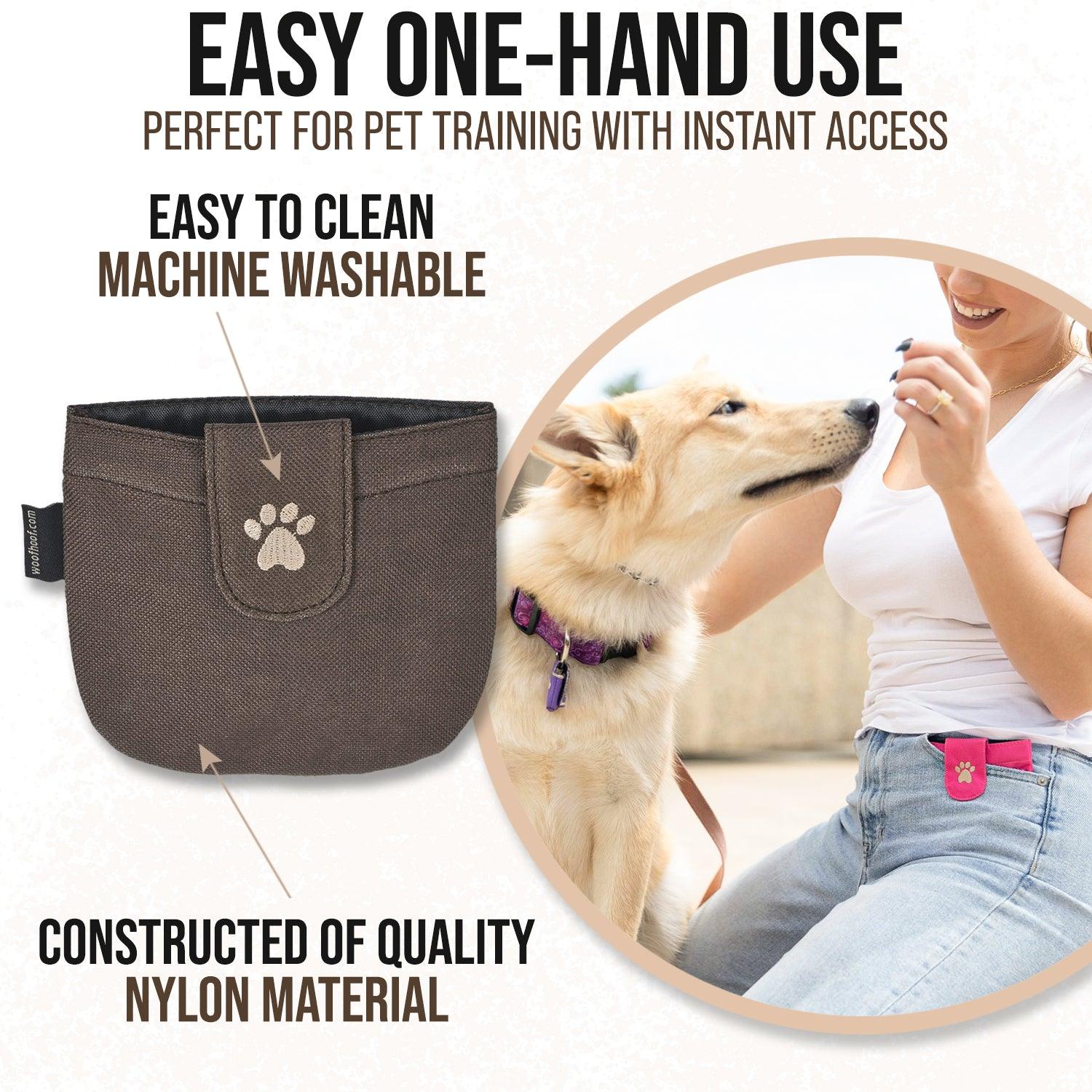 Brown Pocket Treat Pouch shown with a woman and a brown dog