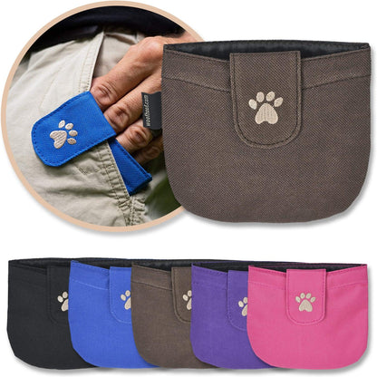 Brown Dog Pocket Treat Pouch shown with a variety of colors with a man's hand inside a blue pocket pouch