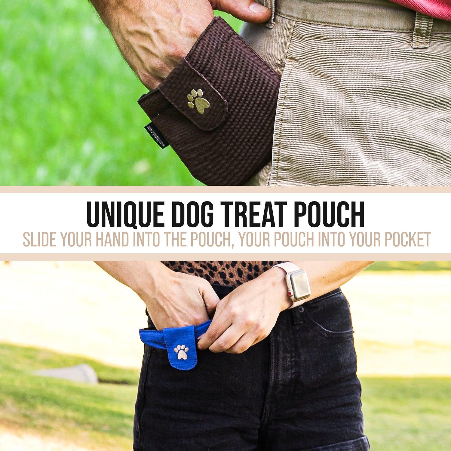 Brown and Blue Dog Pocket Treat Pouch shown with a man and a woman