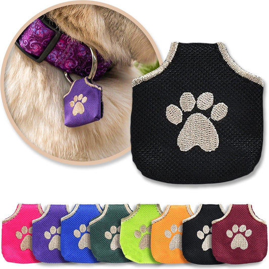 Black Dog Tag Silencer shown with a variety of colors and with a brown dog