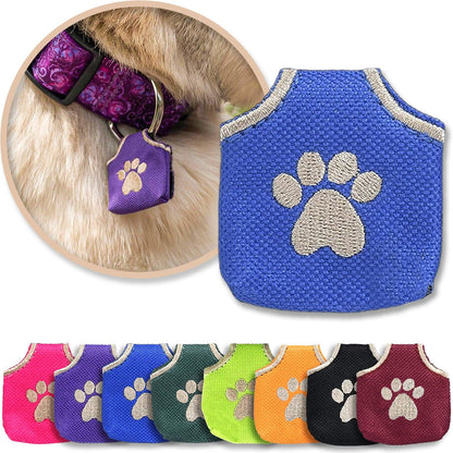 Blue Dog Tag Silencer shown with a variety of colors and with a brown dog