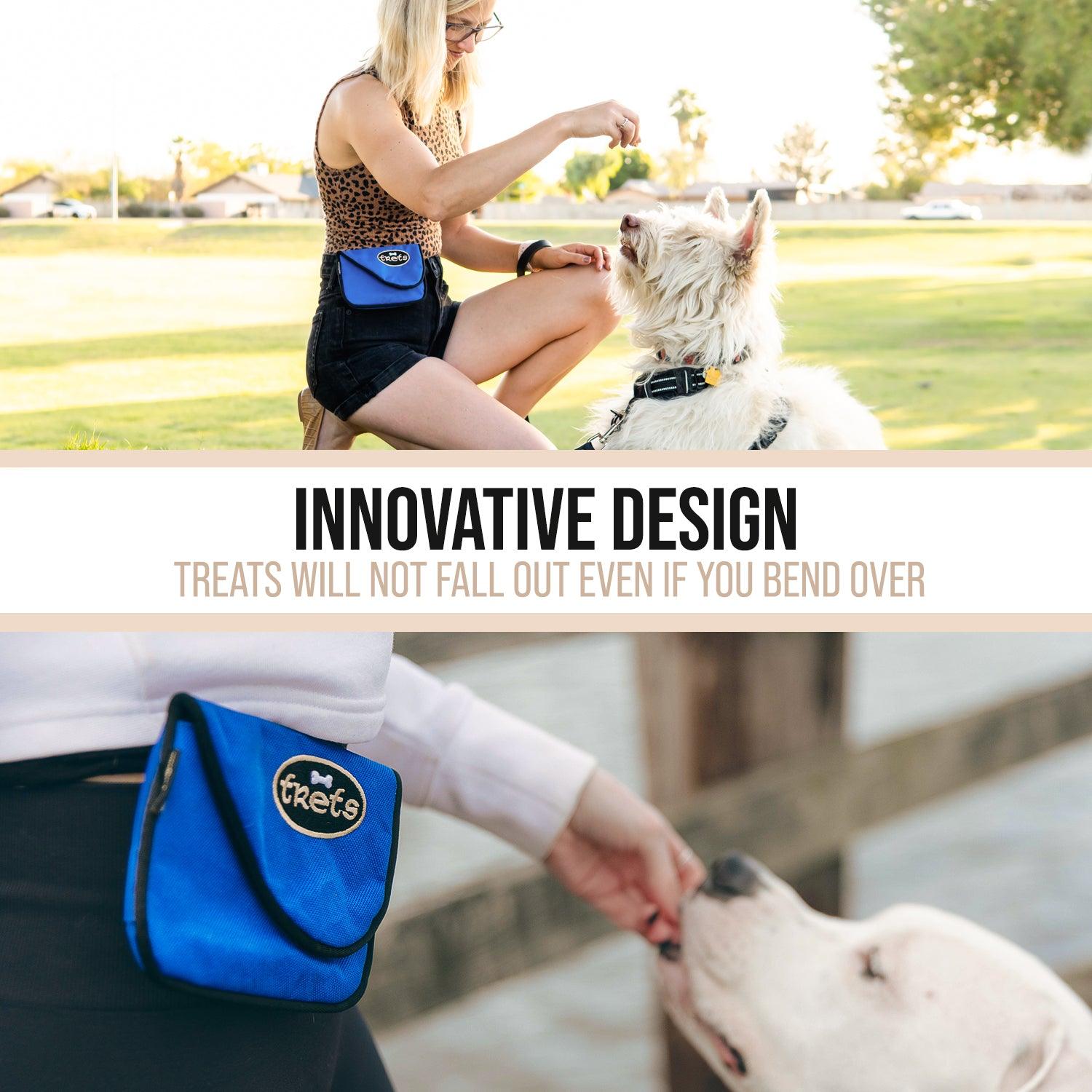 Blue treat pouch shown with girl wearing a treat pouch with a white dog
