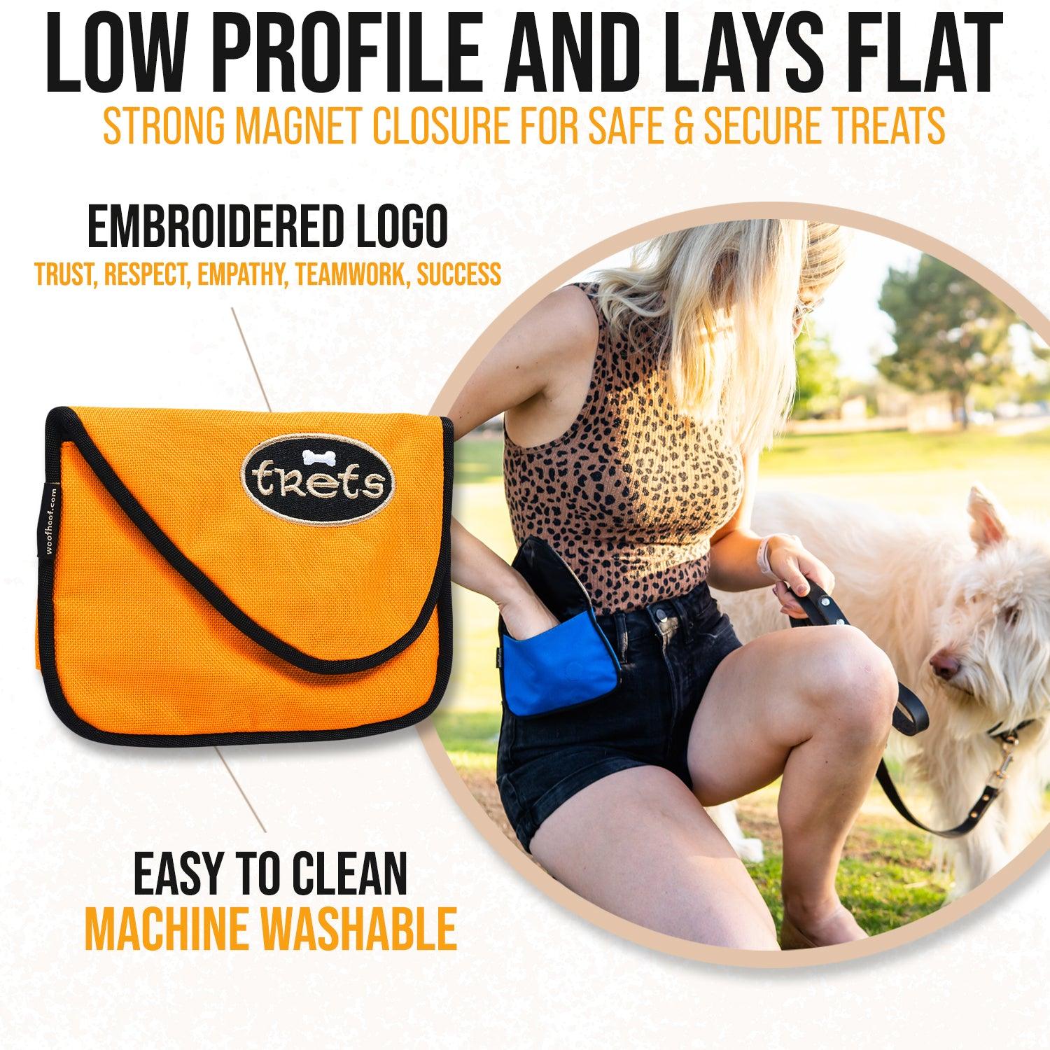 Orange dog treat pouch shown with a girl and a white dog