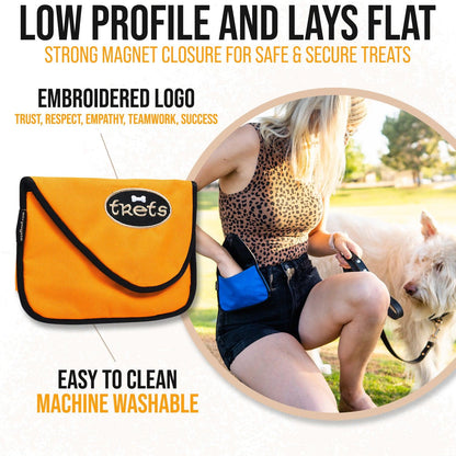 Orange dog treat pouch shown with a girl and a white dog