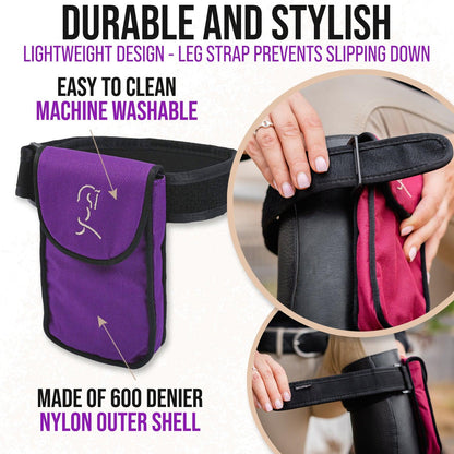 Purple equestrian cell holder case shown with a woman demonstrating the product